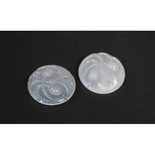 457 - Two Oval Jade Buttons with Carved Swirled Organic Design, 3cms Diameter