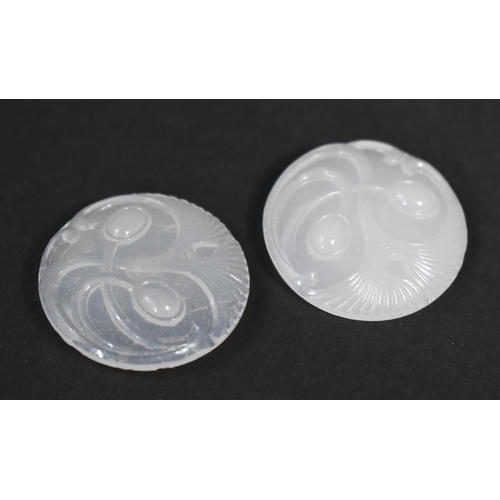 457 - Two Oval Jade Buttons with Carved Swirled Organic Design, 3cms Diameter