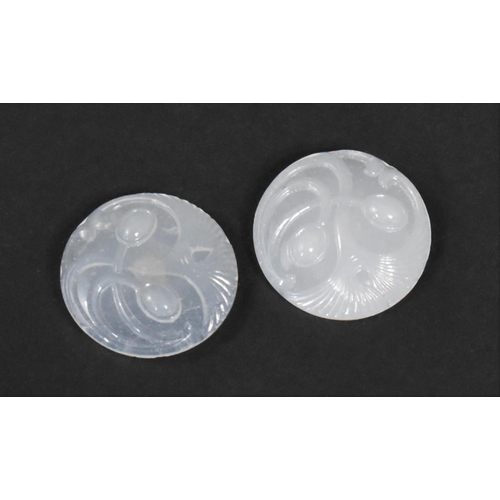 457 - Two Oval Jade Buttons with Carved Swirled Organic Design, 3cms Diameter