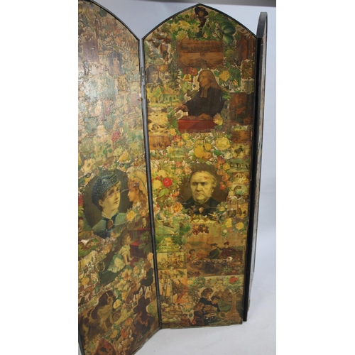 470 - A Victorian Decoupage Three Section Modesty Screen with Arch Top