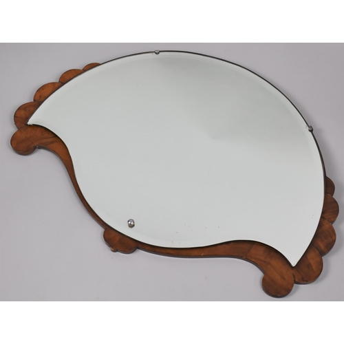 487 - An Early 20th Century Art Deco Walnut Framed Wall Mirror of Fan Shape, 69cms Wide and 49cms High