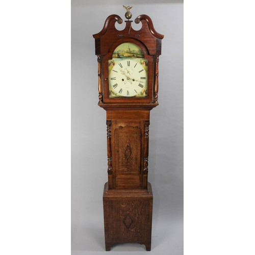 307 - An Oak Cased Longcase Clock the Crossbanded Case with 1/4 Pilasters. Painted Arched Dial for Ganter ... 