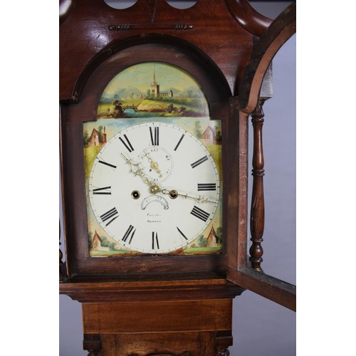 307 - An Oak Cased Longcase Clock the Crossbanded Case with 1/4 Pilasters. Painted Arched Dial for Ganter ... 