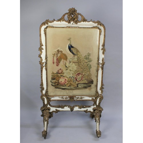 469 - A 19th Century Large and Ornate Gilt and White Painted Fire Screen with Silk Embroidered Panel Depic... 