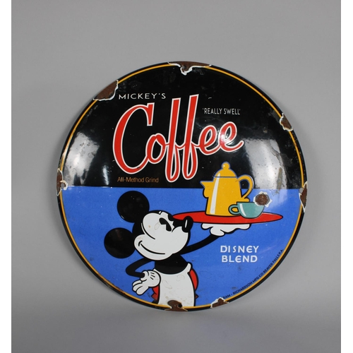 140 - A Reproduction Enamel Style Comvex Circular Sign for Mickey's Coffee, Disney Blend, 29cms Diameter