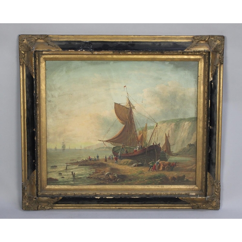 145 - A Large Framed Oil on Canvas Depicting Colonial Ship Being Unloaded on Beach, Signed H Wood, 60cms b... 