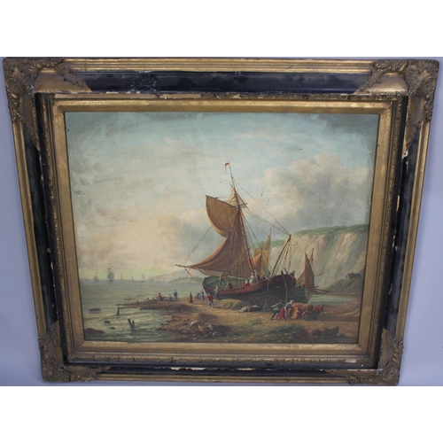 145 - A Large Framed Oil on Canvas Depicting Colonial Ship Being Unloaded on Beach, Signed H Wood, 60cms b... 