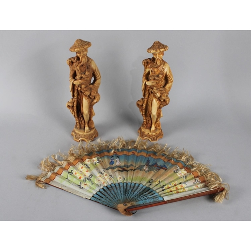 149 - A Pair of Moulded Resin Oriental Figures together with a Painted Fan (AF)