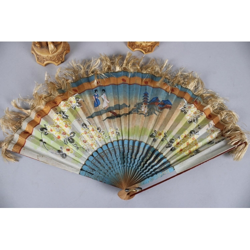 149 - A Pair of Moulded Resin Oriental Figures together with a Painted Fan (AF)