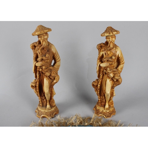 149 - A Pair of Moulded Resin Oriental Figures together with a Painted Fan (AF)