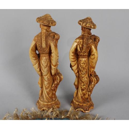 149 - A Pair of Moulded Resin Oriental Figures together with a Painted Fan (AF)