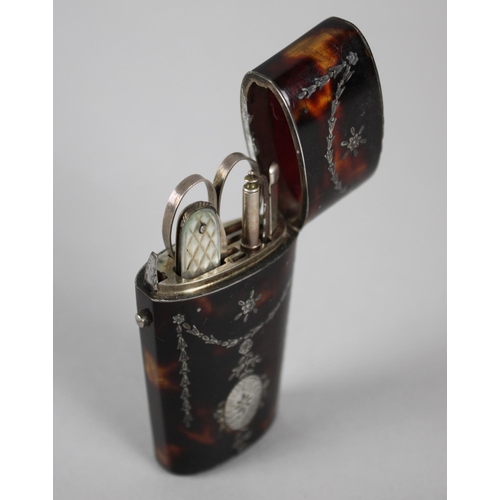 16 - A Georgian Silver Inlaid Tortoiseshell Ladies Necessaire, Case of Oval Form Containing Various Tools... 