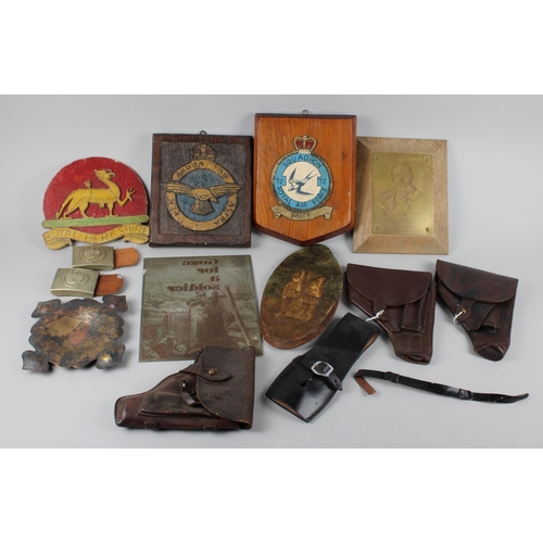 184 - A Collection of Various Militaria to include Leather Holsters, Squadron Plaques, Trench Art Bowl, Be... 