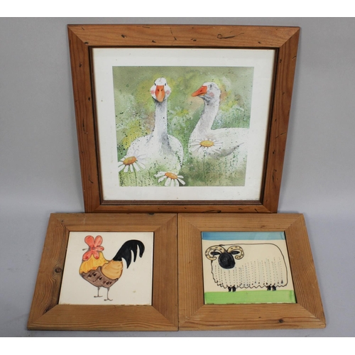 197 - Two Framed Ceramic Tiles and Print of Geese