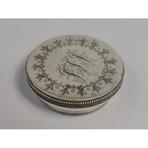 22 - A Georgian White Metal Circular Box, The Screw Off Lid Monogrammed JFJ, 7.5cms Diameter