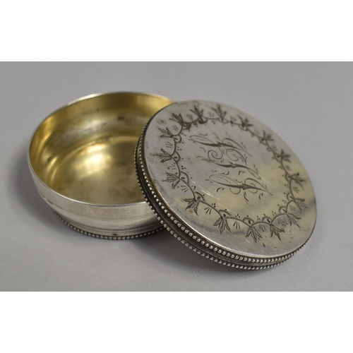 22 - A Georgian White Metal Circular Box, The Screw Off Lid Monogrammed JFJ, 7.5cms Diameter