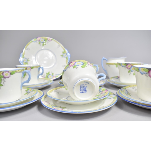 232 - A Windsor Bone China Art Deco Tea Set Decorated with Floral and Blue Trim, Comprising Six Cups, Sauc... 