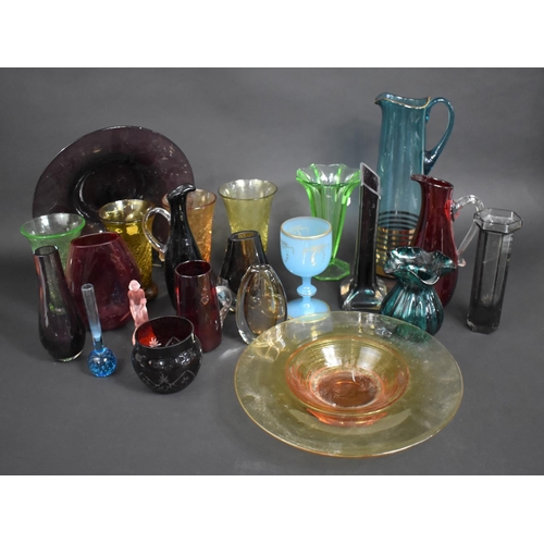 262 - A Collection of Various Coloured Glass to Comprise Vases, Art Deco Frosted Glass Pink Figure of a Ma... 