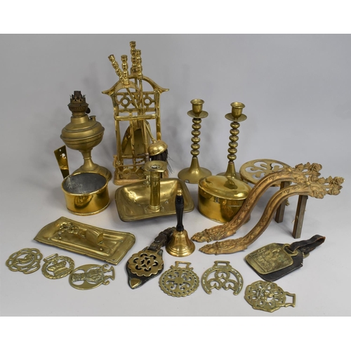 265 - A Collection of Various Brassware to Comprise Bedchamber Sticks, Fire Companion, Candlesticks Etc to... 