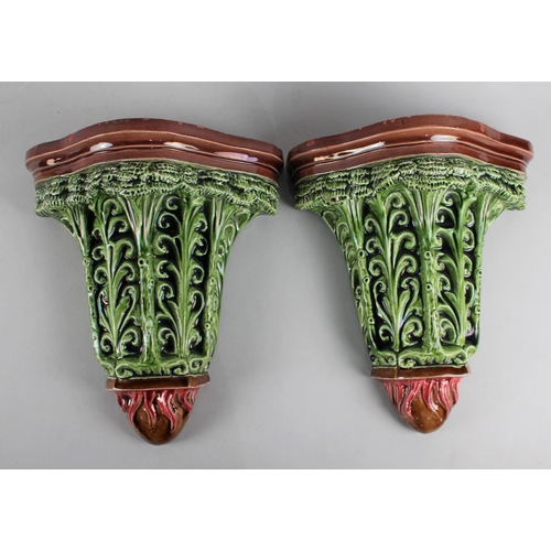 296 - A Large and Heavy Pair of Majolica Glazed Sconces, 33cm high