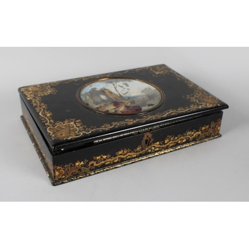 3 - A 19th Century Continental Lacquered Workbox with Gilt Decoration and Circular Hand Painted Mother o... 