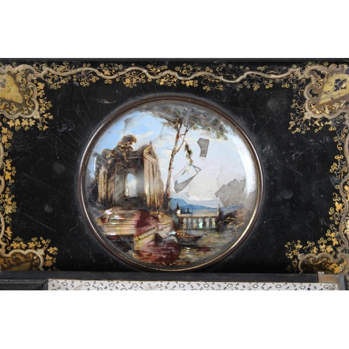 3 - A 19th Century Continental Lacquered Workbox with Gilt Decoration and Circular Hand Painted Mother o... 