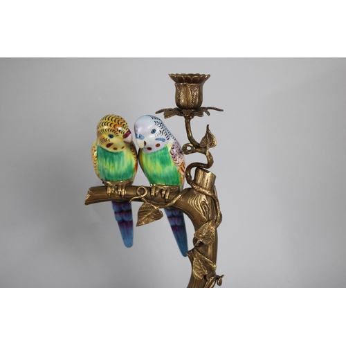 30 - A Reproduction French Style Bronze and Ceramic Candlestick Decorated with Parrots Perched on a Branc... 