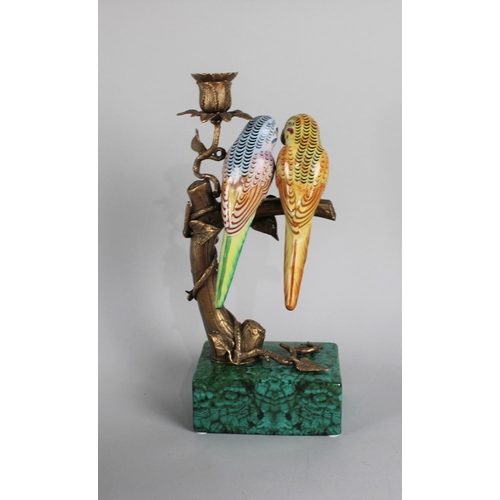 30 - A Reproduction French Style Bronze and Ceramic Candlestick Decorated with Parrots Perched on a Branc... 