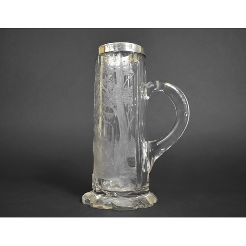 304 - A Finely Etched Tankard with Deer Scene Having Silver Mount, 20.5cm high