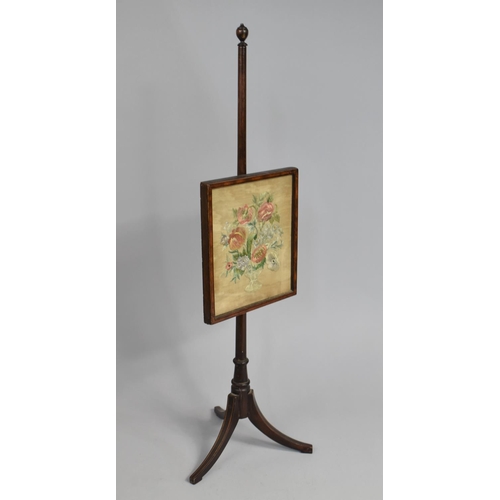 31 - A 19th Century Rise and Fall Mahogany Miniature Table Top Pole Screen, 61cms High, Silk Embroidered ... 