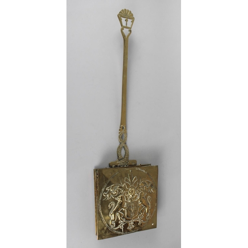 34 - A 19th Century Brass Chestnut Roaster of Square Form with Heraldic Design to Hinged Lid, 61cms High