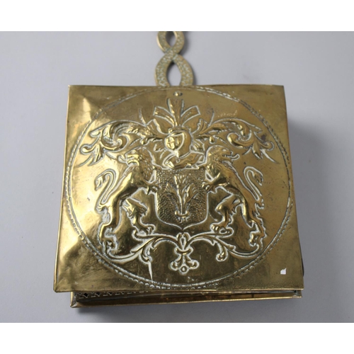 34 - A 19th Century Brass Chestnut Roaster of Square Form with Heraldic Design to Hinged Lid, 61cms High