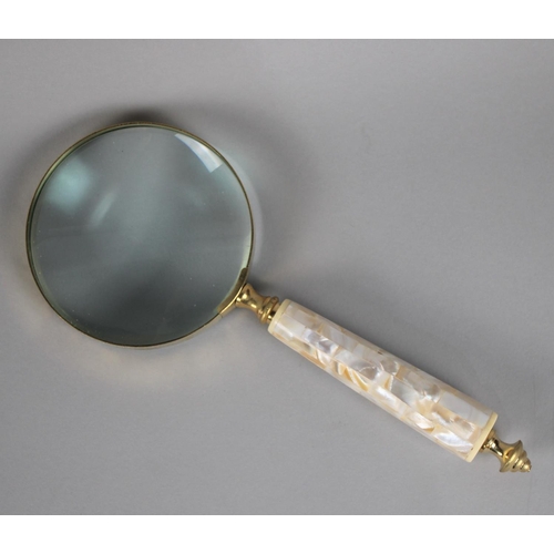 40 - A Gilt Brass and Mother of Pearl Desktop Magnifying Glass, 25cms Long