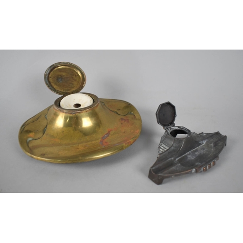 42 - An Art Nouveau Brass French Desktop Inkwell with Hinged Lid and Ceramic Liner, In the Form of a Lily... 