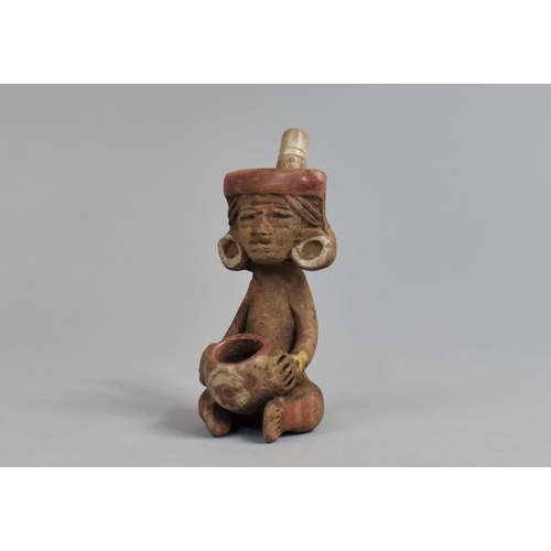 44 - An Early Mexican Terracotta Figural Pipe in the Form of a Seated Gent with Headdress