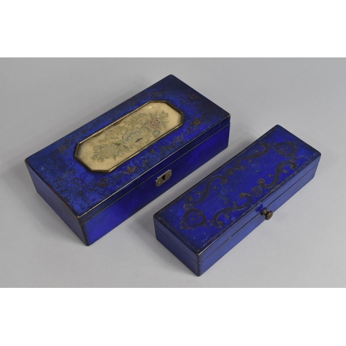 49 - A Pair of Rectangular Gilt Decorated Blue Lacquered Dressing Table Boxes, Largest 23.5cms Wide