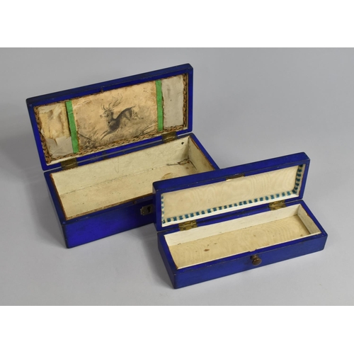 49 - A Pair of Rectangular Gilt Decorated Blue Lacquered Dressing Table Boxes, Largest 23.5cms Wide