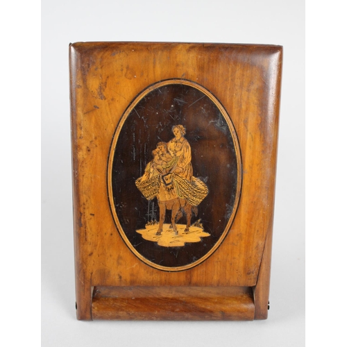 5 - An Italian Olive Wood Souvenir Travelling Hinged Mirror, Cover with Inlaid Depiction of Mother and C... 