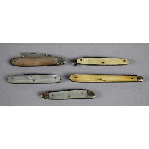 59 - A Collection of Five Miniature Fruit Knives with Bone and Mother of Pearl Scales and One with Silver... 