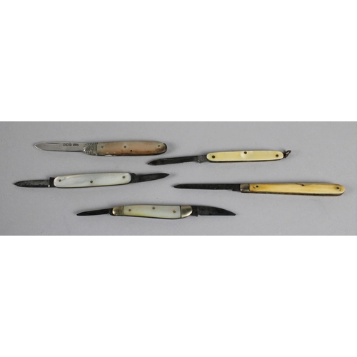 59 - A Collection of Five Miniature Fruit Knives with Bone and Mother of Pearl Scales and One with Silver... 