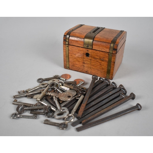 66 - An Edwardian Brass Bound Oak Money Box in the Form of a Travelling Trunk Containing Various Cabinet ... 