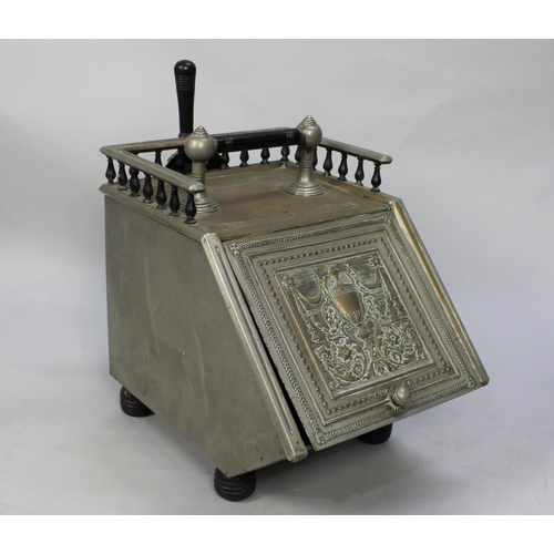 7 - A Late 19th Century Aesthetic Style Metal Coal Scuttle with Liner and Shovel, Ebonized Carrying Hand... 