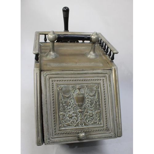 7 - A Late 19th Century Aesthetic Style Metal Coal Scuttle with Liner and Shovel, Ebonized Carrying Hand... 