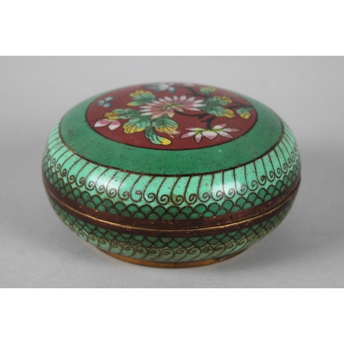 73 - A Circular Chinese Cloisonne Enamel Box, Lid Decorated with Flowers, 10cms Diameter