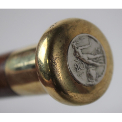 79 - A Vintage Malacca Walking Cane with Gilt Metal Handle Set with Italian 20 Centesimi Coin Dated 1910