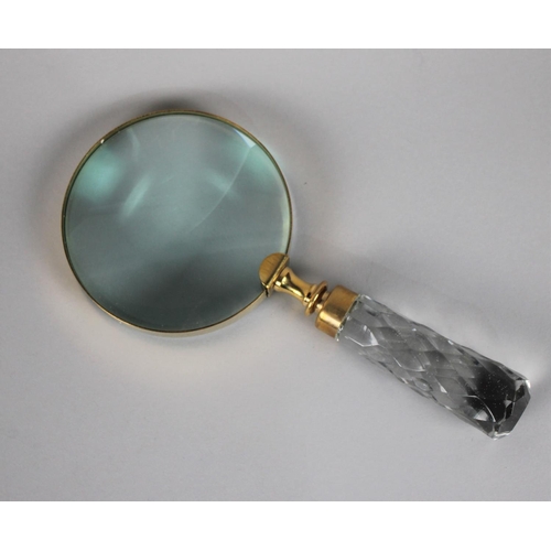 87 - A Modern Brass and Faceted Glass Handle Desktop Magnifying Glass, 22cms Long