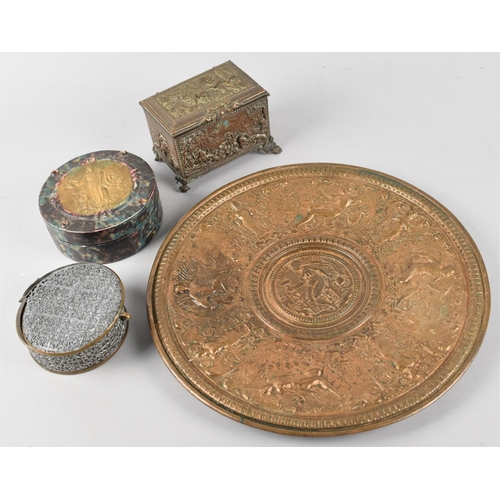 157 - A French Bronze Effect Jewellery Casket with relief Decoration, Two Circular Boxes and an Elkington ... 