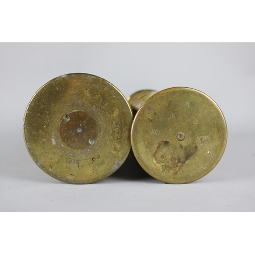 139 - Two WWI Trench Art Brass Shell Cases with Floriate Decoration in Relief, Tallest 29cms High