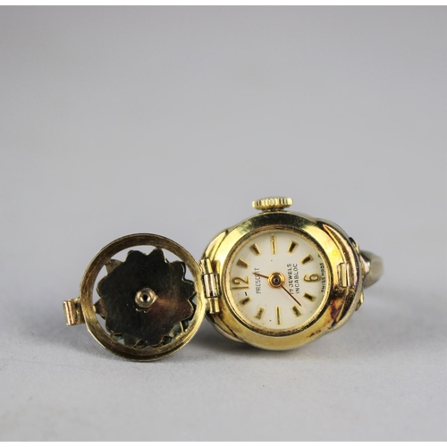 16 - A Vintage Rolled Gold Ring Watch Having Jewelled Hinged Lid Revealing Prescott Miniature Watch with ... 