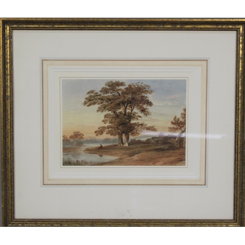 167 - Anthony Vandyke Copley Fielding Pows, Framed Watercolour, Figure Beside Tree in River Landscape, 28x... 